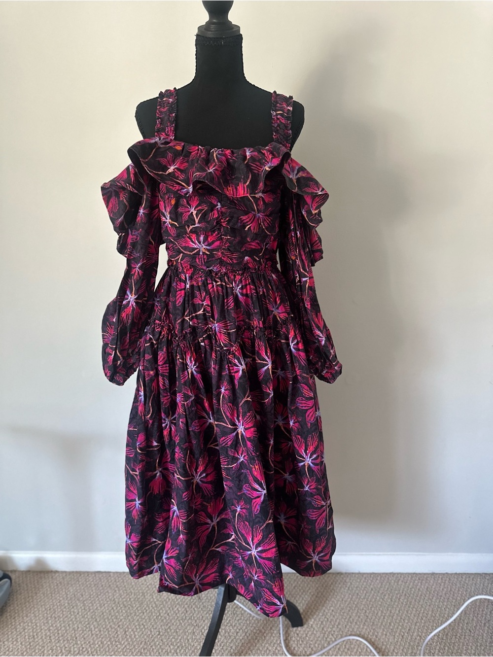 Ulla Johnson Cold Shoulder Floral Dress Pink Black Ruffle Sleeve Long Sleeve - Picture 6 of 10
